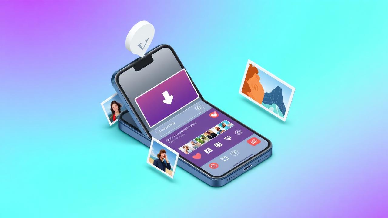 Phone showing a video status with a download icon and a gallery of images and GIFs