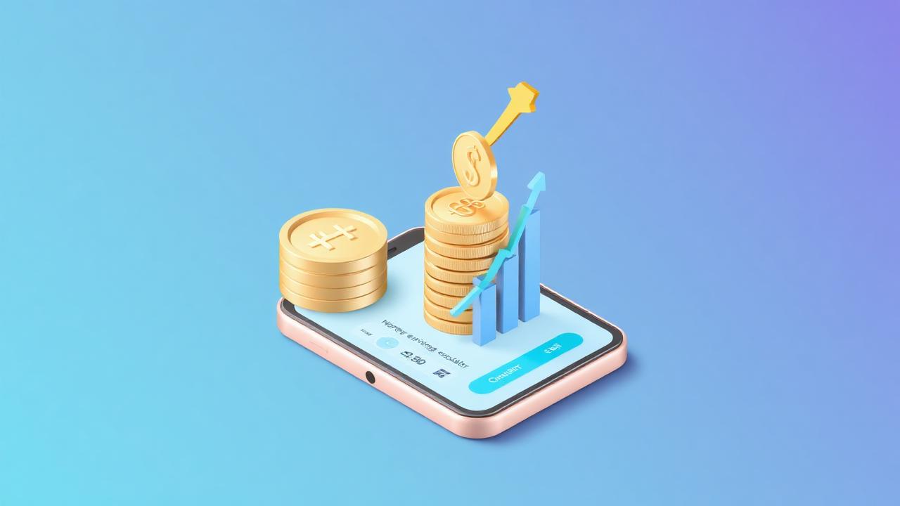 Coin stacks converting into cash beside a growth chart on a phone screen