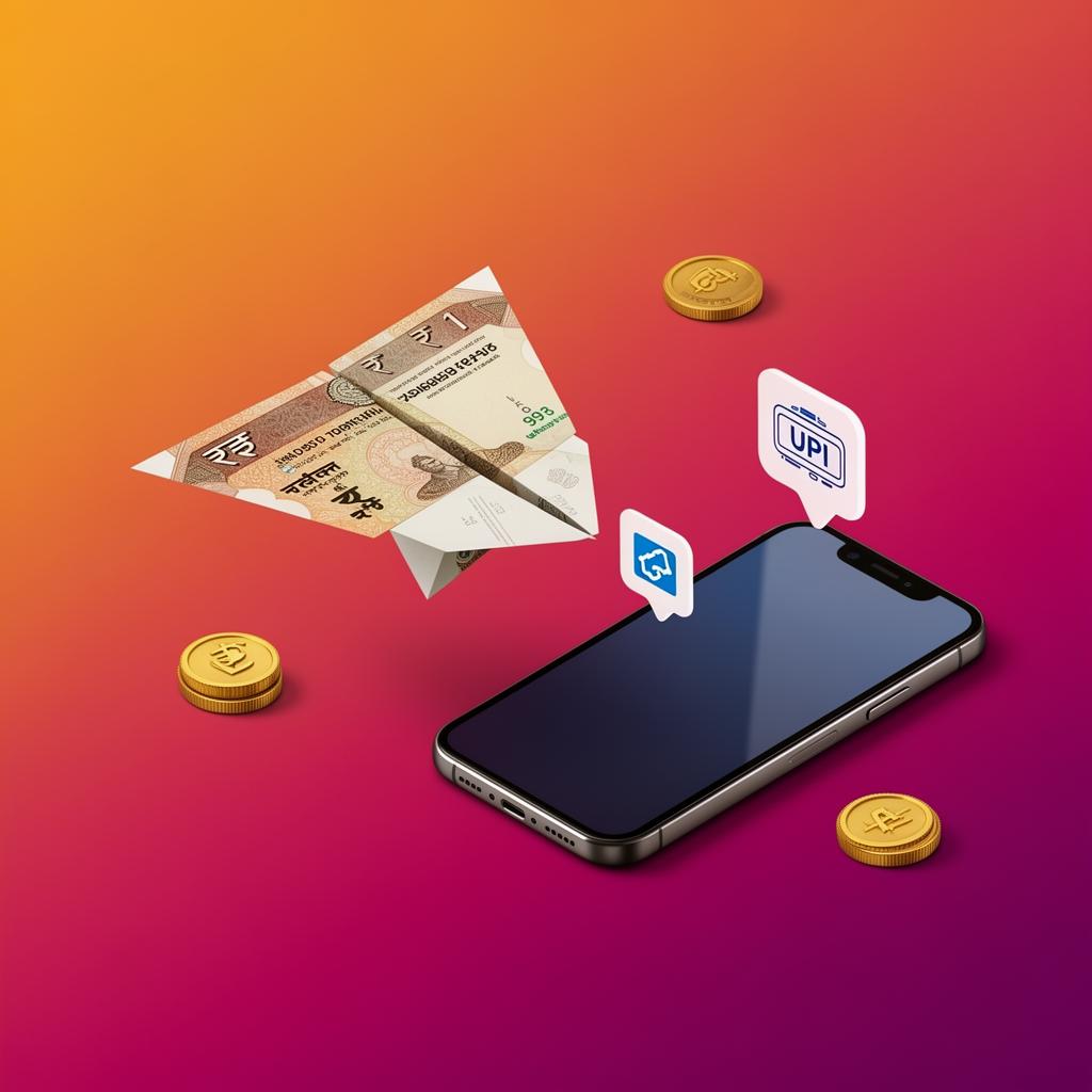 Indian rupee note and coins flying into a smartphone — paisa kamane wala app