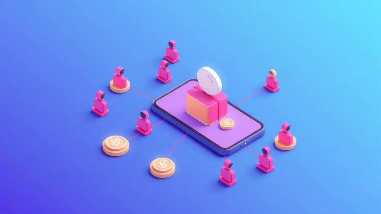 Referral network of people connected to a smartphone with a gift box and coins