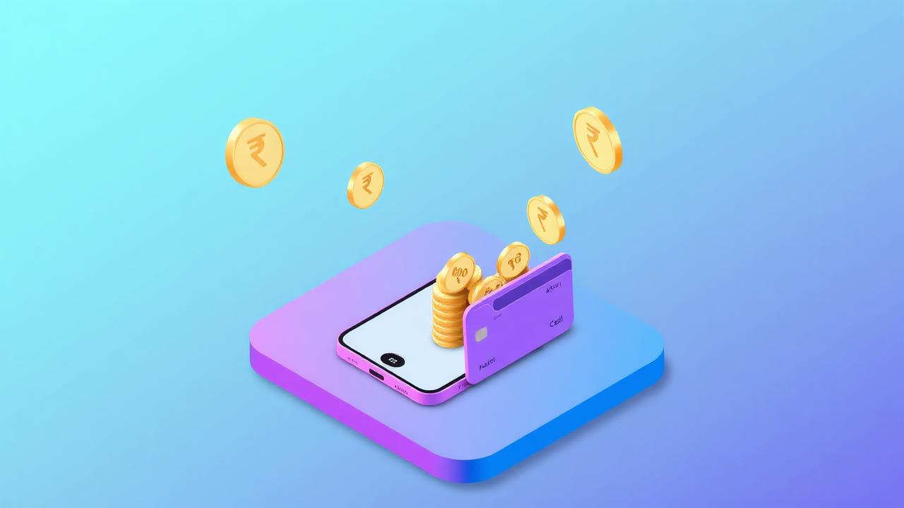 UPI payment success screen with rupee coins moving into a bank card